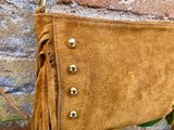 Camel brown suede crossbody bag with tacks and fringes. Light brown suede hippy purse. Genuine suede leather boho bag in light caramel brown