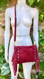 Burgundy red suede crossbody bag with tacks and fringes. Dark cherry suede hippy purse. Genuine suede leather boho bag in wine red suede.