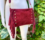 Burgundy red suede crossbody bag with tacks and fringes. Dark cherry suede hippy purse. Genuine suede leather boho bag in wine red suede.