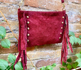 Burgundy red suede crossbody bag with tacks and fringes. Dark cherry suede hippy purse. Genuine suede leather boho bag in wine red suede.