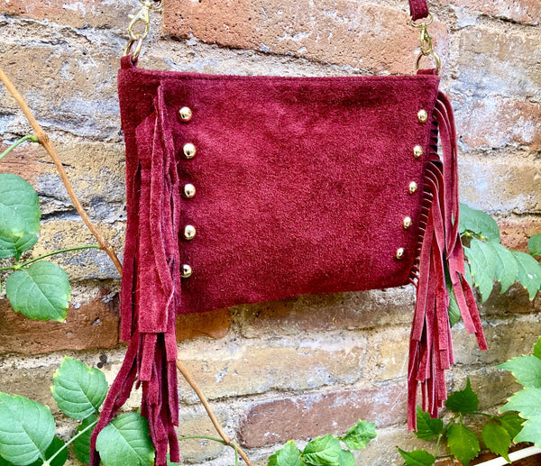 Burgundy red suede crossbody bag with tacks and fringes. Dark cherry suede hippy purse. Genuine suede leather boho bag in wine red suede.