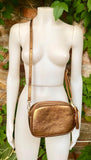 Dark gold leather bag. Crossbody / shoulder bag in GENUINE leather. Metallic shine leather bag with adjustable strap and zipper. Gold purse