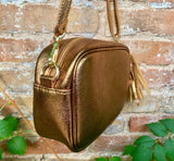 Dark gold leather bag. Crossbody / shoulder bag in GENUINE leather. Metallic shine leather bag with adjustable strap and zipper. Gold purse