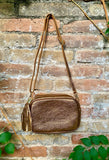Dark gold leather bag. Crossbody / shoulder bag in GENUINE leather. Metallic shine leather bag with adjustable strap and zipper. Gold purse