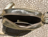 Dark gold leather bag. Crossbody / shoulder bag in GENUINE leather. Metallic shine leather bag with adjustable strap and zipper. Gold purse