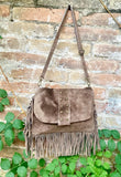 Taupe brown crossbody fringed bag with tacks.BOHO suede leather bag with FRINGES. Greyge brown genuine suede leather. Grey-brown suede purse