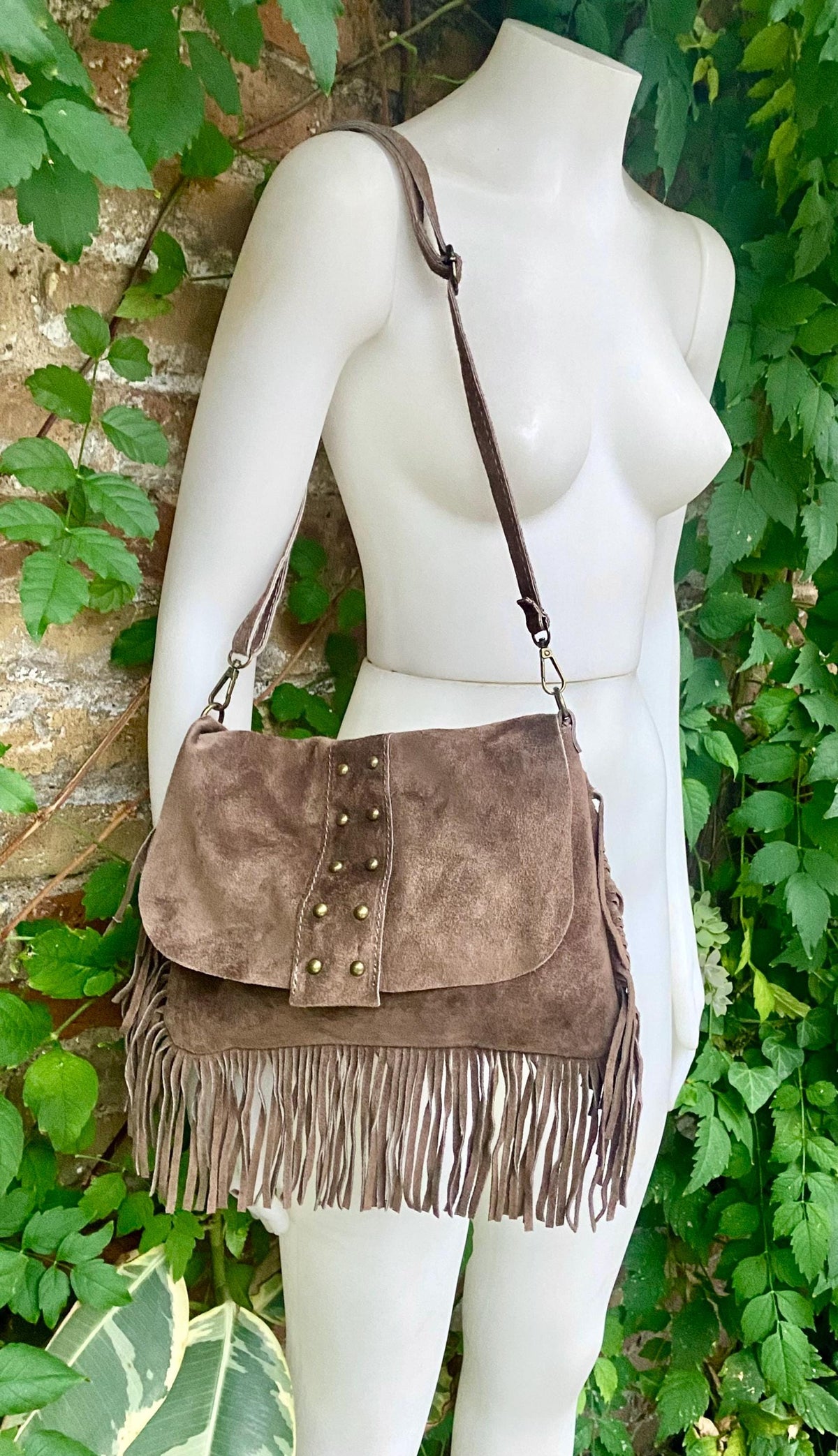 Taupe brown crossbody fringed bag with tacks.BOHO suede leather bag with FRINGES. Greyge brown genuine suede leather. Grey-brown suede purse