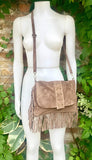 Taupe brown crossbody fringed bag with tacks.BOHO suede leather bag with FRINGES. Greyge brown genuine suede leather. Grey-brown suede purse