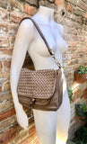 Light brown "distressed" genuine leather bag. Boho messenger bag in taupe color. Dark beige crossbody/shoulder bag. "Vintage" style purse.