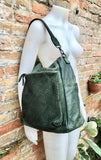 GREEN genuine leather shoulder / crossbody bag. Green distressed leather shopper. Green "washed leather" bag for laptops, tablets, books...