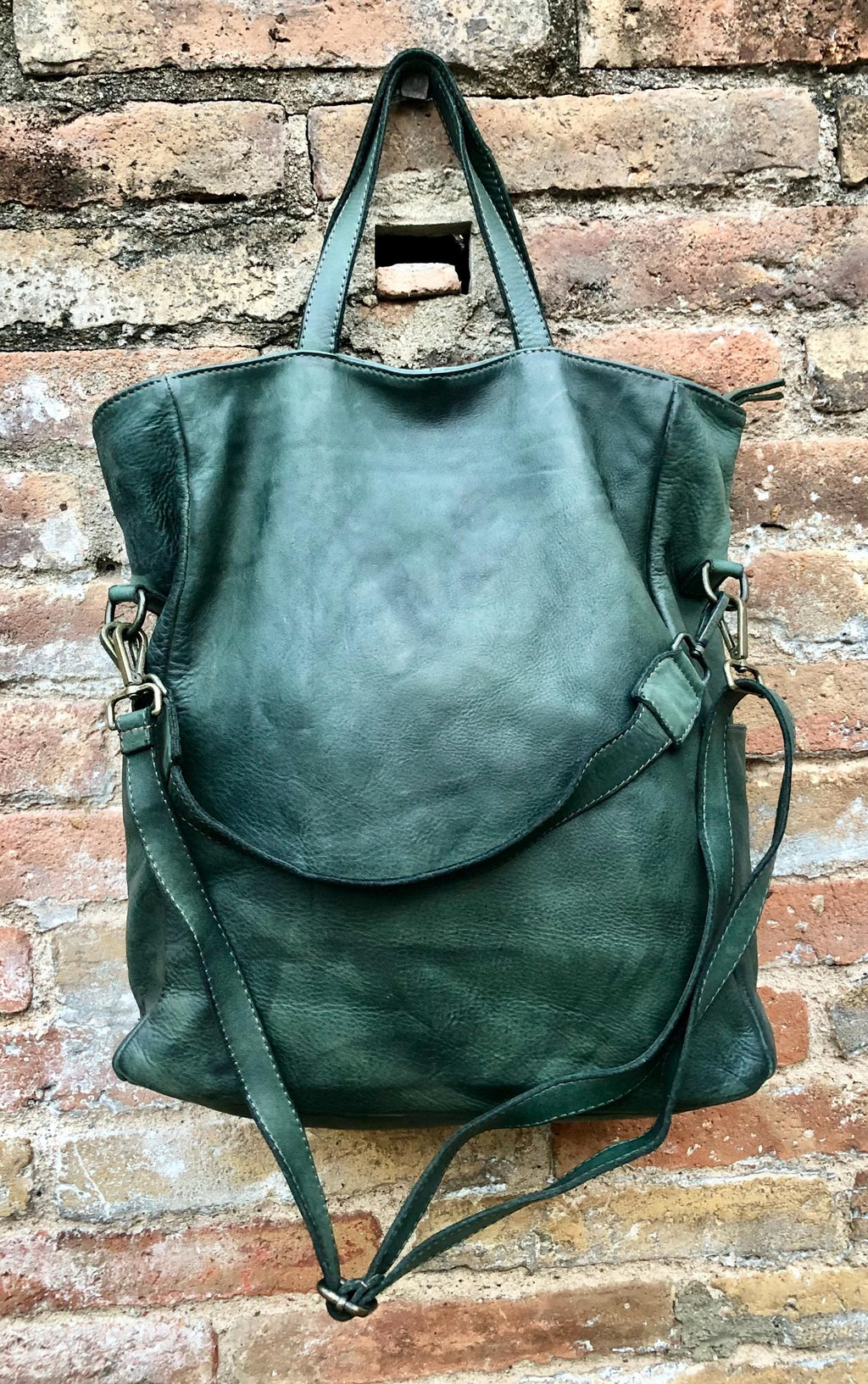 GREEN genuine leather shoulder / crossbody bag. Green distressed leather shopper. Green "washed leather" bag for laptops, tablets, books...