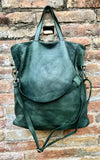 GREEN genuine leather shoulder / crossbody bag. Green distressed leather shopper. Green "washed leather" bag for laptops, tablets, books...