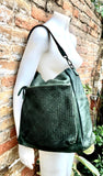 GREEN genuine leather shoulder / crossbody bag. Green distressed leather shopper. Green "washed leather" bag for laptops, tablets, books...