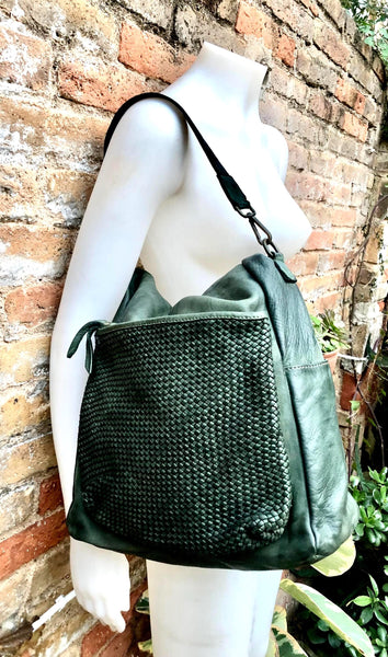 GREEN genuine leather shoulder / crossbody bag. Green distressed leather shopper. Green "washed leather" bag for laptops, tablets, books...