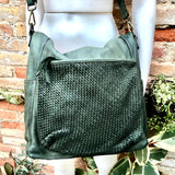 GREEN genuine leather shoulder / crossbody bag. Green distressed leather shopper. Green "washed leather" bag for laptops, tablets, books...