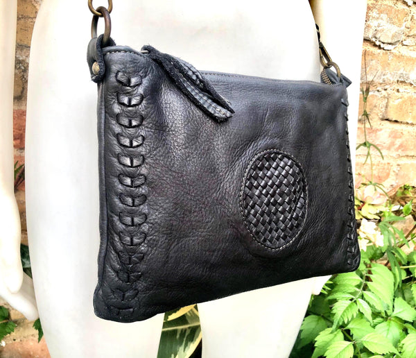 BLACK leather bag. Washed genuine leather crossbody / shoulder bag / wristlet. Black distressed braided leather purse with adjustable strap.