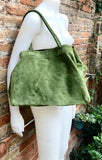 Large moss green suede bag. Shoulder + crossbody longer adjustable strap. Lined GREEN suede purse for your laptop, tablet.. Genuine leather.