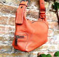 ORANGE genuine leather bag. Cross body / shoulder pumkin color leather purse, 2 adjustable straps, longer + shorter. Closed with a zipper.