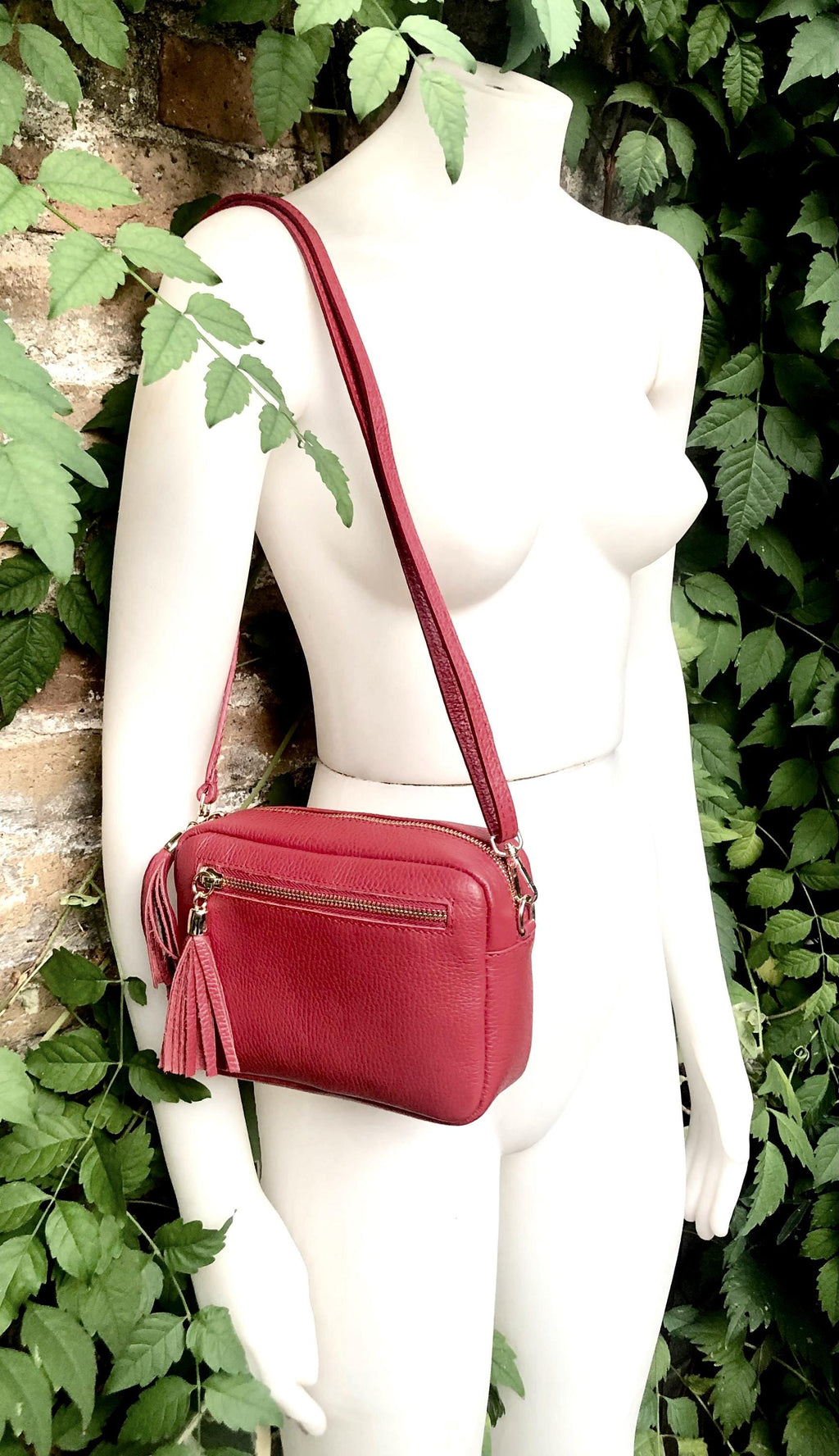 Small burgundy leather bag. Wine red GENUINE leather shoulder / cross body. Dark red leather purse with tassels, adjustable strap and zipper