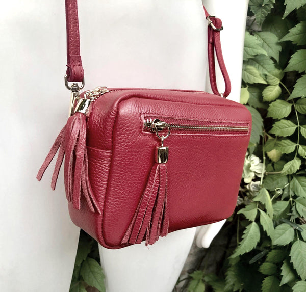 Small burgundy leather bag. Wine red GENUINE leather shoulder / cross body. Dark red leather purse with tassels, adjustable strap and zipper