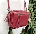 Small burgundy leather bag. Wine red GENUINE leather shoulder / cross body. Dark red leather purse with tassels, adjustable strap and zipper