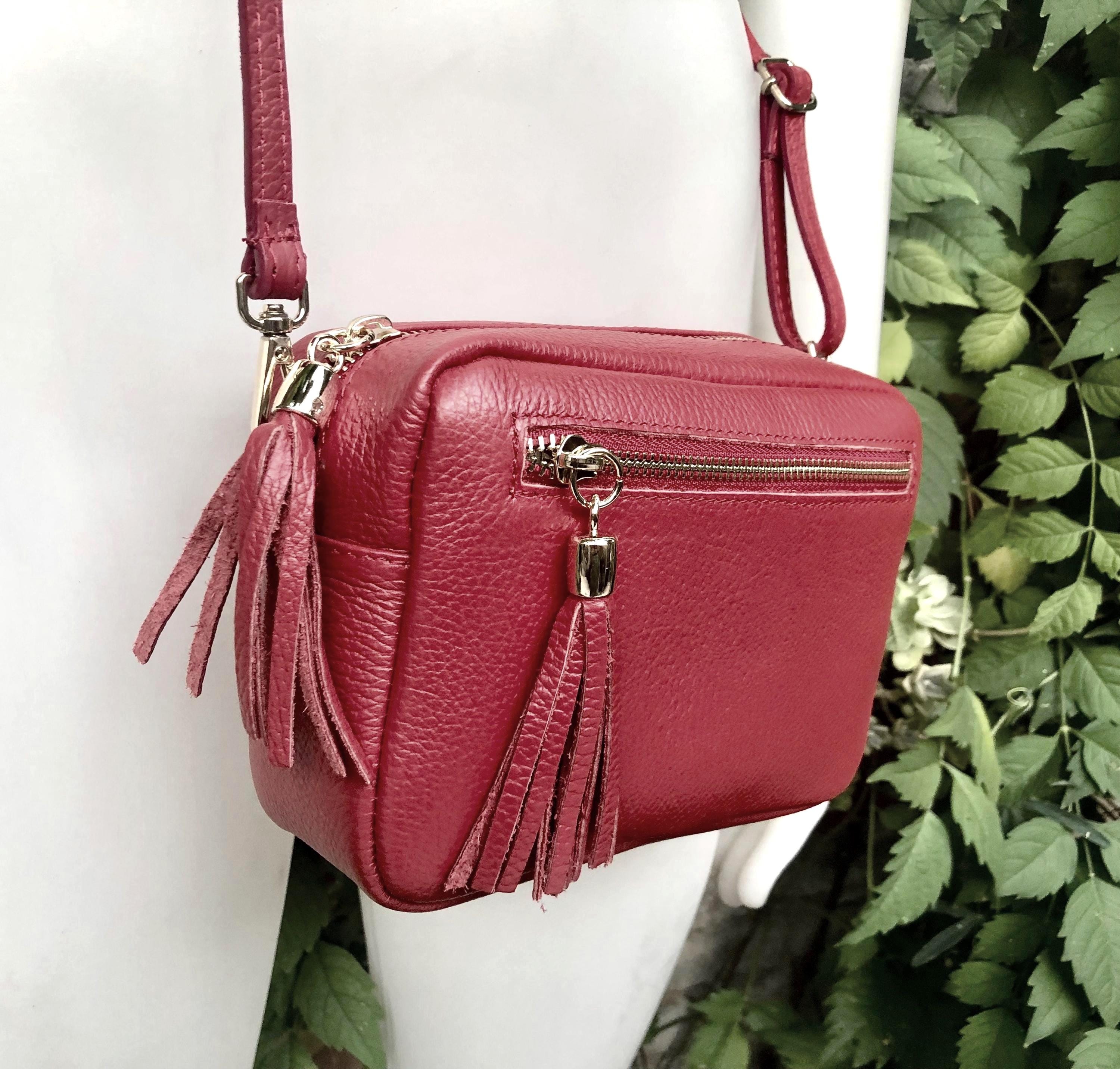 Small burgundy leather bag. Wine red GENUINE leather shoulder / cross body. Dark red leather purse with tassels, adjustable strap and zipper
