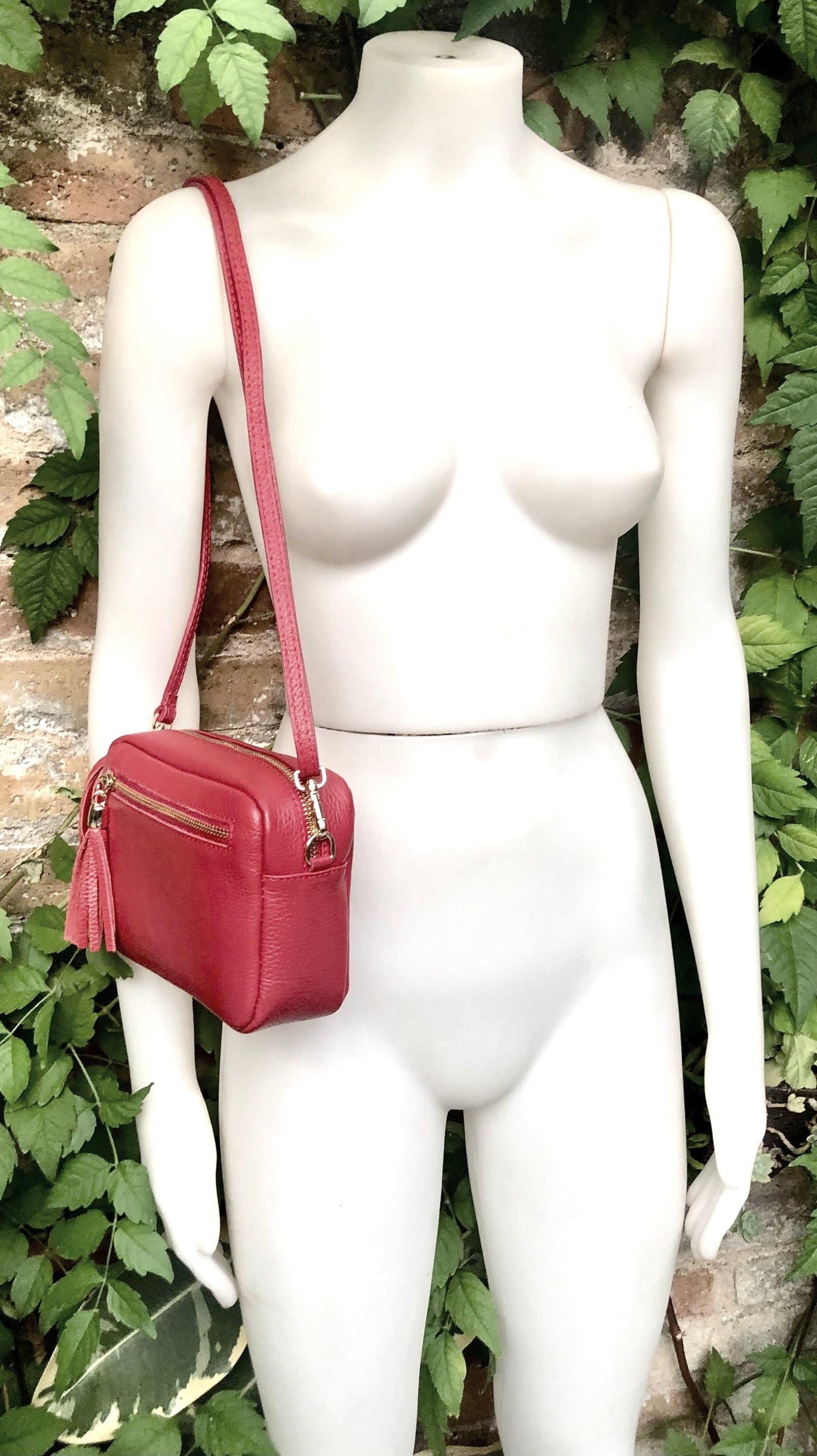 Small burgundy leather bag. Wine red GENUINE leather shoulder / cross body. Dark red leather purse with tassels, adjustable strap and zipper
