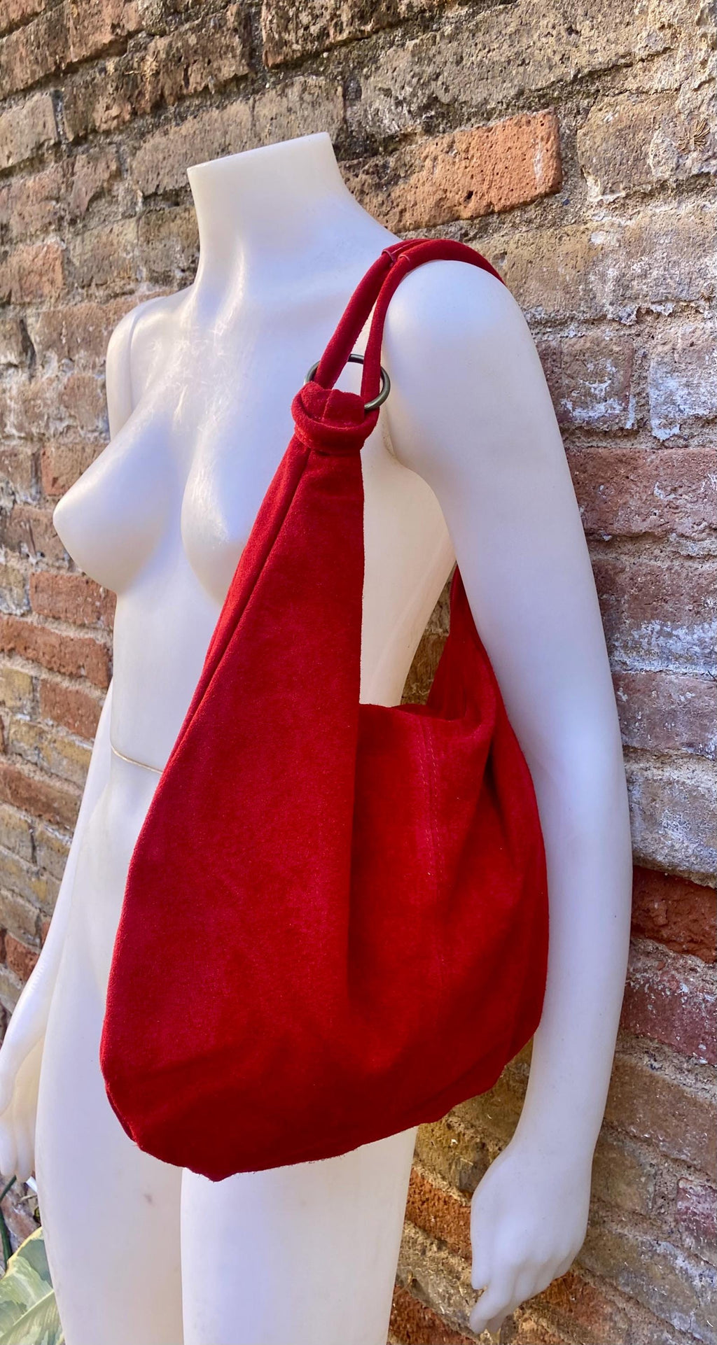 RED suede slouchy bag with ZIPPER + lining. Soft natural suede shopper, genuine leather bag. RED suede purse . Hobo suede bag