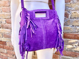 PURPLE crossbody fringed bag. Purple BOHO suede leather bag with FRINGES. Purple soft genuine suede leather. Purple suede purse.