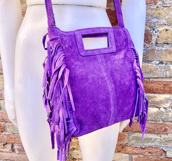 PURPLE crossbody fringed bag. Purple BOHO suede leather bag with FRINGES. Purple soft genuine suede leather. Purple suede purse.