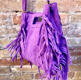 PURPLE crossbody fringed bag. Purple BOHO suede leather bag with FRINGES. Purple soft genuine suede leather. Purple suede purse.