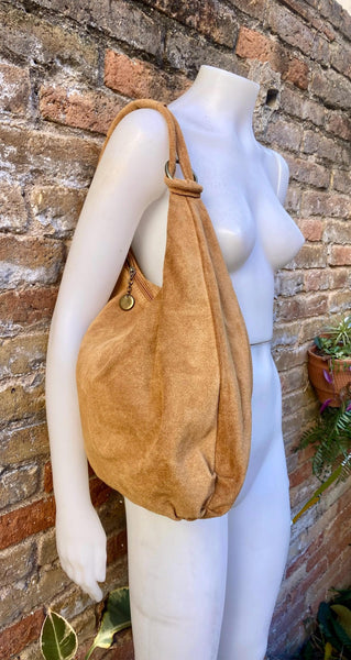 Camel brown suede slouchy bag with ZIPPER + lining. Soft natural suede shopper, genuine leather bag. Light brown suede purse, Hobo suede bag