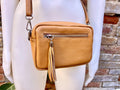 Small leather bag in camel brown. GENUINE leather shoulder / cross body bag. Caramel brown leather purse, adjustable strap + zippers.