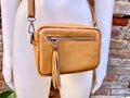Small leather bag in camel brown. GENUINE leather shoulder / cross body bag. Caramel brown leather purse, adjustable strap + zippers.