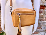 Small leather bag in camel brown. GENUINE leather shoulder / cross body bag. Caramel brown leather purse, adjustable strap + zippers.