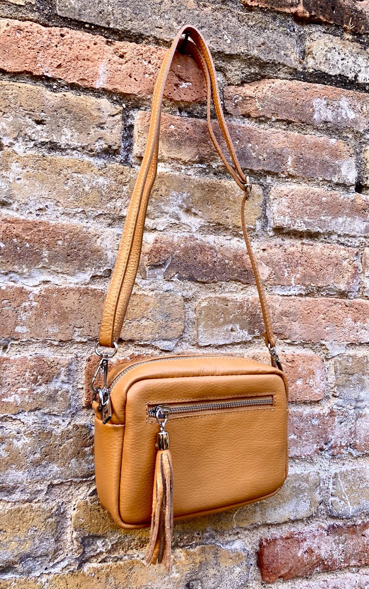 Small leather bag in camel brown. GENUINE leather shoulder / cross body bag. Caramel brown leather purse, adjustable strap + zippers.