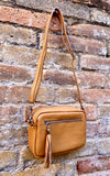 Small leather bag in camel brown. GENUINE leather shoulder / cross body bag. Caramel brown leather purse, adjustable strap + zippers.