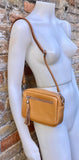 Small leather bag in camel brown. GENUINE leather shoulder / cross body bag. Caramel brown leather purse, adjustable strap + zippers.