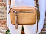 Small leather bag in camel brown. GENUINE leather shoulder / cross body bag. Caramel brown leather purse, adjustable strap + zippers.