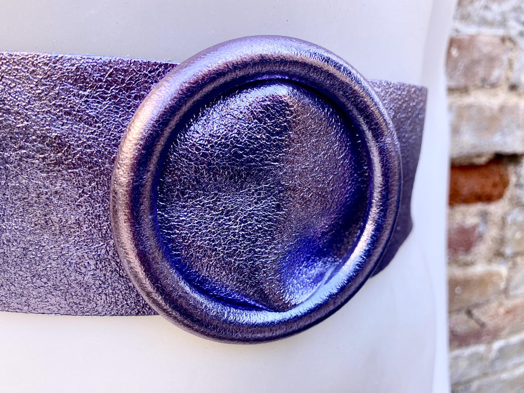 Metallic PURPLE leather waist belt with large round buckle. Soft leather belt. Genuine leather dress belt. Wide mauve waist belt