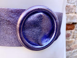 Metallic PURPLE leather waist belt with large round buckle. Soft leather belt. Genuine leather dress belt. Wide mauve waist belt