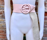 Light pink leather waist belt with large round buckle. Soft leather belt in soft pink. Genuine leather pink dress belt. Pink wide waist belt