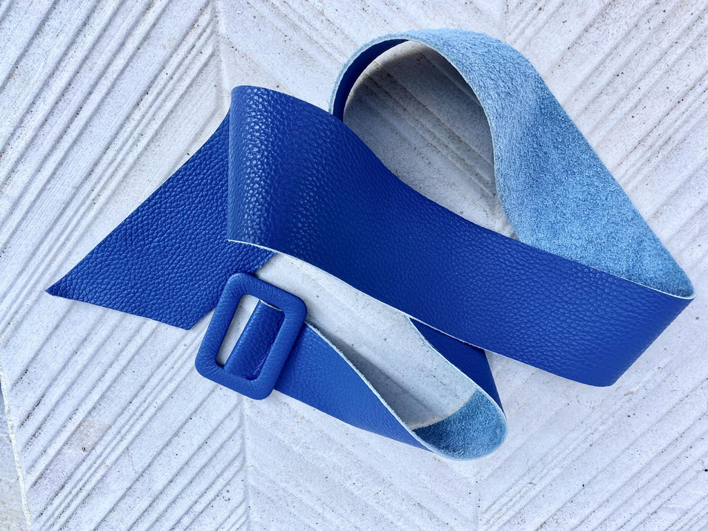 Royal blue leather waist belt with large buckle. Soft leather belt in cobalt. Genuine leather blue dress belt. Wide cobalt blue waist belt