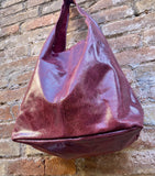 Burgundy slouch bag. Leather bag in wine red with ZIPPER. Soft genuine leather. Dark red glossy leather purse. Wide strap leather shopper.