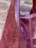 Burgundy slouch bag. Leather bag in wine red with ZIPPER. Soft genuine leather. Dark red glossy leather purse. Wide strap leather shopper.