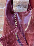 Burgundy slouch bag. Leather bag in wine red with ZIPPER. Soft genuine leather. Dark red glossy leather purse. Wide strap leather shopper.