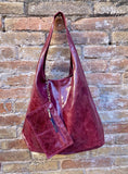 Burgundy slouch bag. Leather bag in wine red with ZIPPER. Soft genuine leather. Dark red glossy leather purse. Wide strap leather shopper.