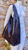 Dark brown slouch bag. Tote leather bag in glossy "distressed" leather with ZIPPER. Chocolate brown genuine leather purse. Wide strap bag.