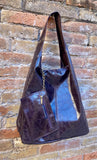 Dark brown slouch bag. Tote leather bag in glossy "distressed" leather with ZIPPER. Chocolate brown genuine leather purse. Wide strap bag.