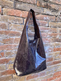 Dark brown slouch bag. Tote leather bag in glossy "distressed" leather with ZIPPER. Chocolate brown genuine leather purse. Wide strap bag.